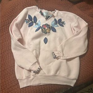 Pink Sweatshirt with Blue Floral Embroidery
